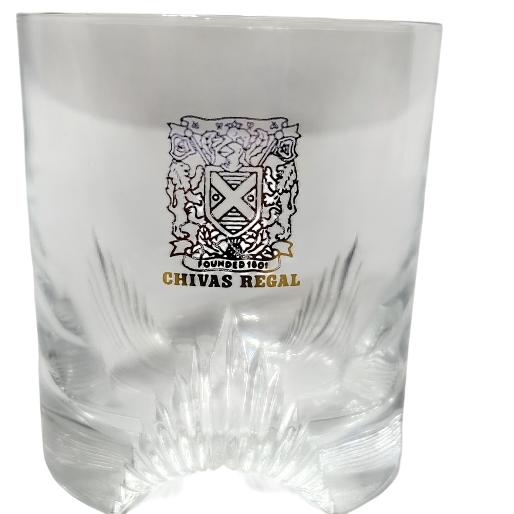 Chivas Regal‎ Whiskey Rocks Glass France Heavy Starburst Base Gold Crest Logo